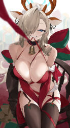 Rule 34 | 1girl, absurdres, animal ears, antlers, asuna (blue archive), bell, between legs, bikini, black collar, blue archive, blue eyes, breasts, brown thighhighs, chair, christmas, collar, deer ears, garter straps, grin, hair over one eye, halo, hand between legs, highres, horns, jingle bell, large breasts, leash, lemoneko, mole, mole on breast, mouth hold, navel, neck bell, red bikini, reindeer antlers, santa bikini, sitting, smile, solo, stomach, swimsuit, teeth, thighhighs, thighs, torn clothes, viewer holding leash