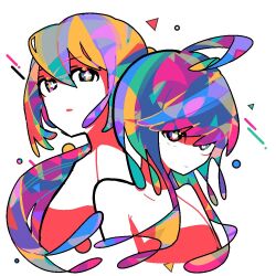Rule 34 | 2girls, ahoge, bare shoulders, closed mouth, colored skin, colorful, commentary, hair between eyes, long bangs, long hair, looking at viewer, machigami yoh, multicolored eyes, multicolored hair, multiple girls, original, simple background, swept bangs, upper body, white background, white skin