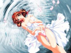 Rule 34 | 1girl, brown hair, dress, green eyes, hair ribbon, lying, mew (words worth), on back, open clothes, open dress, panties, pink panties, ribbon, rin-sin, side-tie panties, solo, strap slip, thigh gap, thighs, tress ribbon, underwear, wallpaper, watermark, white dress, wings, words worth