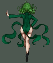 Rule 34 | 1girl, ass, back, bare legs, black footwear, curly hair, curvy, dress, female focus, floating clothes, from behind, green dress, green hair, grey background, hand on own hip, huge ass, kneepits, legs, one-punch man, pointing, pointing up, short hair, simple background, solo, tatsumaki, telekinesis, the golden smurf, thick thighs, thighs, wide hips