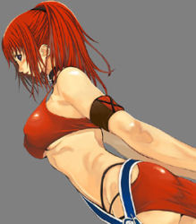 Rule 34 | 1girl, armlet, bare shoulders, blue eyes, blush, breasts, from side, grey background, karin koenig, looking at viewer, looking to the side, lowres, ponytail, profile, red hair, revealing clothes, shadow hearts, shadow hearts ii, simple background, solo, underboob