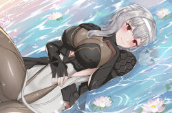 Rule 34 | 1girl, absurdres, armor, bandaged head, bandages, black gloves, blush, bodystocking, breasts, brulee, cleavage, closed mouth, commentary, cowboy shot, different reflection, fingerless gloves, gloves, goddess of victory: nikke, grey hair, hair between eyes, highres, large breasts, leg up, long hair, looking at viewer, lying, lying on water, modernia (nikke), on back, red eyes, reflection, see-through, see-through cleavage, sidelocks, smile, spoilers, water lily flower