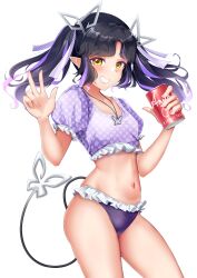Rule 34 | 1girl, absurdres, alternate costume, bikini, bikini bottom only, black hair, blush, breasts, can, cola, commentary request, cowboy shot, crop top, demon girl, demon horns, demon tail, earrings, frilled bikini, frilled shirt, frills, grin, highres, holding, holding can, horns, jewelry, kojo anna, long hair, looking at viewer, medium bangs, midriff, multicolored hair, nanashi inc., navel, necklace, parted bangs, pointy ears, polka dot, polka dot shirt, puffy short sleeves, puffy sleeves, purple hair, purple shirt, robou no stone, shirt, short sleeves, simple background, small breasts, smile, solo, swimsuit, tail, transparent background, twintails, two-tone hair, virtual youtuber, w, yellow eyes
