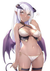 Rule 34 | 1girl, 47agdragon, bat wings, blush, breasts, copyright request, cowboy shot, dark-skinned female, dark skin, demon girl, demon horns, demon tail, demon wings, gluteal fold, highres, horns, large breasts, light purple hair, long hair, navel, parted lips, pointy ears, simple background, skindentation, solo, spoken blush, stomach, tail, thigh strap, white background, wings