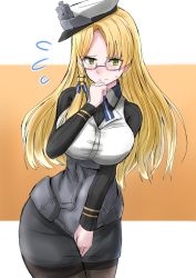Rule 34 | 1girl, absurdres, black pantyhose, black shirt, black skirt, blonde hair, breasts, commentary request, dress, flying sweatdrops, glasses, green eyes, hat, highres, kamaboko senshi, kantai collection, large breasts, leaning forward, long hair, military, military uniform, northampton (kancolle), pantyhose, peaked cap, pencil skirt, pleated dress, shirt, skirt, solo, uniform, white hat