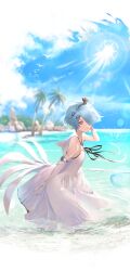 Rule 34 | 1girl, absurdres, ahoge, aizawa masaya, animal, arm behind back, arm behind head, back, bare shoulders, beach, bird, blue hair, blue sky, bracelet, breasts, clenched hand, closed mouth, cloud, cloudy sky, collarbone, commentary request, day, dove, dress, elbow gloves, from side, full body, girls&#039; frontline, gloves, hair ornament, hair over one eye, hairband, hairpin, halter dress, halterneck, hand on own ass, head tilt, highres, in water, jewelry, light blue hair, looking at viewer, medium breasts, ocean, official alternate costume, outdoors, palm tree, purple eyes, rock, sand, short hair, sky, smile, solo, sun, sunlight, tree, water, wet, dove, white dress, white gloves, zas m21 (girls&#039; frontline), zas m21 (white queen) (girls&#039; frontline)