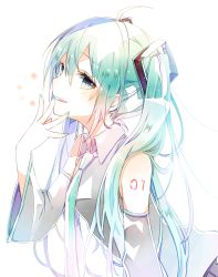 Rule 34 | 1girl, ahoge, aqua eyes, aqua hair, aqua nails, aqua necktie, arm tattoo, bare shoulders, blouse, commentary request, detached sleeves, emo (ricemo), hand up, hatsune miku, long hair, looking at viewer, nail polish, necktie, number tattoo, open mouth, shirt, sleeveless, sleeveless shirt, solo, tattoo, twintails, upper body, vocaloid, white background, wide sleeves