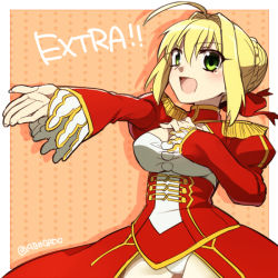 Rule 34 | 10s, 1girl, ahoge, bad id, bad pixiv id, blonde hair, breasts, cleavage, dress, fate/extra, fate (series), green eyes, nero claudius (fate), nero claudius (fate), nero claudius (fate/extra), outstretched hand, ruchi, solo