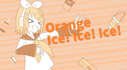Rule 34 | &gt; &lt;, 1girl, arm warmers, bare shoulders, blonde hair, bow, c031185c, flat color, food, gyari (imagesdawn) (style), hair bow, hair ornament, hairclip, headphones, highres, ice cream, ice cream bar, kagamine rin, neckerchief, open mouth, orange background, outstretched arm, parody, sailor collar, school uniform, serafuku, shirt, short hair, sleeveless, sleeveless shirt, smile, solo, swept bangs, upper body, vocaloid