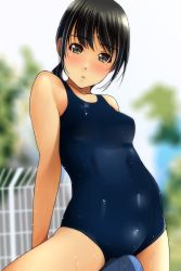 Rule 34 | 1girl, absurdres, bare arms, bare shoulders, between legs, black hair, blue one-piece swimsuit, blurry, blurry background, blush, breasts, brown eyes, collarbone, covered navel, day, depth of field, head tilt, highres, kickboard, long hair, looking at viewer, matsunaga kouyou, nose blush, one-piece swimsuit, original, outdoors, parted lips, school swimsuit, small breasts, solo, swimsuit, wet, wet clothes, wet swimsuit