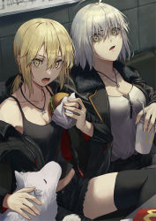 Rule 34 | 2girls, animal ears, artoria pendragon (all), artoria pendragon (fate), bendy straw, black shorts, black tank top, breasts, burger, cavall the 2nd, cleavage, cross, cross necklace, dog ears, drinking straw, fate/grand order, fate (series), food, french fries, grey hair, groin, hair between eyes, highres, jeanne d&#039;arc (fate), jeanne d&#039;arc alter (fate), jeanne d&#039;arc alter (ver. shinjuku 1999) (fate), jewelry, large breasts, looking at viewer, medium breasts, midriff, multiple girls, necklace, necktie, official alternate costume, ponytail, saber alter, saber alter (ver. shinjuku 1999) (fate), short hair, short shorts, shorts, tank top, tesin (7aehyun), thighhighs, thighs, yellow eyes, zipper