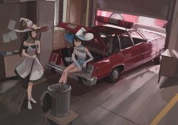 Rule 34 | 2girls, absurdres, apron, black hair, blue eyes, broom, brown eyes, car, car trunk, closed mouth, commentary request, dress, elbow gloves, garage, gloves, green dress, hat, highres, holding, holding broom, long hair, looking at viewer, motor vehicle, multiple girls, original, police car, shoes, short hair, sitting, sleeveless, sleeveless dress, smile, trancemana, trash can, vehicle request, white apron, white dress, white footwear, white headwear, witch, witch hat