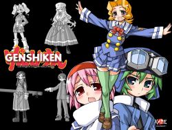 Rule 34 | 00s, 1boy, 6+girls, :d, :o, black background, blonde hair, blue hat, blue skirt, blush, bow, brown eyes, brown footwear, crossed legs, fang, full body, genshiken, goggles, green hair, green legwear, hairband, hat, kujibiki unbalance, loafers, monochrome, multiple girls, open mouth, outstretched arms, pantyhose, pink hair, pleated skirt, red bow, red eyes, school uniform, serafuku, shoes, short hair, skirt, smile, spread arms, thighhighs, wallpaper, watermark, web address