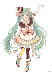 Rule 34 | 1girl, :d, absurdres, animal, animal on shoulder, arm up, asymmetrical legwear, blush, boots, bow, brown capelet, brown pantyhose, brown skirt, capelet, cream, elbow gloves, flower, food, food-themed clothes, frilled skirt, frills, full body, gloves, green eyes, green footwear, green hair, hair flower, hair ornament, hair ribbon, hairclip, hat, hatsune miku, highres, lolita fashion, long hair, looking at viewer, mini hat, mismatched legwear, open mouth, pantyhose, pink bow, pudding, rabbit, ribbon, sakura oriko, shirt, simple background, skirt, smile, solo, striped clothes, striped skirt, sweet lolita, tilted headwear, twintails, vertical-striped clothes, vertical-striped skirt, very long hair, vocaloid, watermark, white background, white flower, white gloves, white ribbon, white shirt, x hair ornament, yellow bow, yellow pantyhose