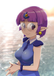 Rule 34 | 1990s (style), 1girl, arara cocoa, breasts, closed mouth, earrings, glasses, hair ornament, highres, jewelry, looking at viewer, ng knight lamune &amp; 40, pointy ears, purple hair, retro artstyle, short hair, smile, solo, ueyama michirou