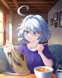 Rule 34 | 1girl, absurdres, ahoge, blue eyes, blue hair, bowl, breakfast, coffee, commentary, curtains, dasoin, drop-shaped pupils, eating, english commentary, furina (genshin impact), genshin impact, hair between eyes, heterochromia, highres, holding, holding newspaper, holding spoon, indoors, light blue hair, mixed-language commentary, multicolored hair, newspaper, picture frame, purple shirt, shirt, short sleeves, sidelighting, signature, sitting, solo, spoon, symbol-shaped pupils, white hair, window
