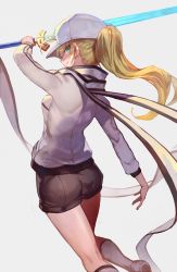 Rule 34 | 1girl, ahoge, artoria pendragon (fate), baseball cap, black shorts, blonde hair, excalibur (fate/stay night), fate/grand order, fate (series), from behind, green eyes, grey background, grin, hat, highres, holding, holding sword, holding weapon, jacket, kneehighs, lack, long hair, looking back, parted lips, ponytail, scarf, shoes, short shorts, shorts, sidelocks, simple background, smile, sneakers, socks, solo, sword, track jacket, tsurime, ultra heroine z (fate), weapon, white scarf, white socks