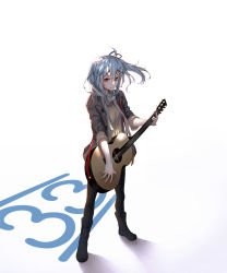 Rule 34 | 1girl, ahoge, bili girl 33, bilibili, black pantyhose, blue hair, character name, guitar, highres, holding, holding instrument, instrument, looking at viewer, pantyhose, parted lips, red eyes, scarf, short hair, short ponytail, side ponytail, solo, white scarf, yioshu