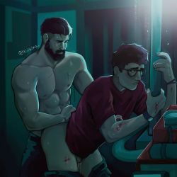 Rule 34 | 2boys, abs, alternate facial hair, anal, ass, bara, beard, black hair, black pants, blood, bracelet, closed eyes, clothed sex, clothes pull, david king (dead by daylight), dead by daylight, dwight fairfield, facial hair, flaccid, generator, glasses, injury, jewelry, large pectorals, looking at another, male focus, male penetrated, mixikimo, multiple boys, muscular, muscular male, nipples, nude, pants, pants pull, parted lips, pectorals, penis, red shirt, sex, sex from behind, shirt, short hair, topless male, twitter username, undercut, wristband, yaoi