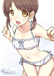 Rule 34 | 10s, 1girl, akechi shizuku, bow, bow bra, bow panties, bra, brown hair, cinderella bust, frilled bra, frilled panties, frills, kantai collection, low twintails, navel, open mouth, panties, shirayuki (kancolle), short twintails, solo, thigh gap, twintails, twitter username, underwear, underwear only, yellow eyes