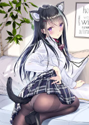 Rule 34 | 1girl, absurdres, animal ear fluff, animal ears, bad id, bad pixiv id, bed, black footwear, black hair, black pantyhose, blush, breasts, cat ears, cat tail, checkered clothes, checkered skirt, clothes lift, collar, commentary request, hair between eyes, hair ornament, hairclip, highres, indoors, knee up, kobayashi chisato, loafers, long hair, long sleeves, looking at viewer, looking back, medium breasts, open mouth, original, panties, panties under pantyhose, pantyhose, pillow, purple eyes, resolution mismatch, revision, school uniform, self-portrait, shirt, shoes, sidelocks, skirt, skirt lift, solo, source smaller, tail, thighband pantyhose, underwear, white shirt