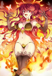 Rule 34 | 1girl, benmao, bikini, boots, breasts, bug, butterfly, choker, earrings, elbow gloves, fang, fire, gem, gloves, gold, bug, jewelry, lipstick, long hair, makeup, navel, open mouth, original, red hair, smile, solo, sparkle, strap gap, swimsuit, thigh gap, thighhighs, twintails, very long hair