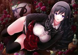 Rule 34 | 1girl, ass, black hair, black panties, black thighhighs, bow, bowtie, breasts, butt crack, cake, cat tail, clothes lift, curly hair, flower, food, hairband, highres, large breasts, long hair, looking at viewer, lying, mikoto akemi, on side, panties, plaid, plaid skirt, pleated skirt, purple eyes, reflection, rose, scan, skirt, skirt lift, smile, solo, tail, tail bow, tail ornament, thighhighs, unbuttoned, underwear, upskirt