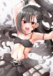 Rule 34 | 1girl, armor, arms up, bandeau, bare shoulders, black hair, blush, body markings, bracelet, breasts, brown eyes, clenched teeth, collarbone, commentary, cosplay, fate/kaleid liner prisma illya, fate (series), faulds, greatsword, hair ornament, hairclip, heracles (fate), heracles (fate) (cosplay), highres, jewelry, long hair, looking at viewer, miyu edelfelt, mochi (k620803n), navel, ponytail, small breasts, solo, sword, teeth