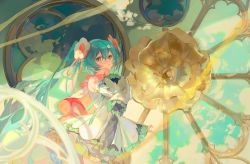Rule 34 | 1girl, aqua eyes, aqua flower, aqua hair, aqua ribbon, cape, commentary request, detached sleeves, dress, dress flower, feet out of frame, flower, hair between eyes, hair flower, hair ornament, hair ribbon, hatsune miku, highres, hlymoriia, long hair, looking at viewer, magical mirai (vocaloid), magical mirai miku, magical mirai miku (2021), parted lips, pink cape, red ribbon, ribbon, solo, twintails, very long hair, vocaloid, white dress, white flower, white sleeves, wide sleeves