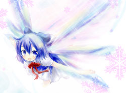Rule 34 | circled 9, 1girl, bad id, bad pixiv id, blue eyes, blue hair, cirno, female focus, flying, hair ribbon, massala, matching hair/eyes, open mouth, ribbon, short hair, smile, snowflakes, solo, embodiment of scarlet devil, touhou, wings