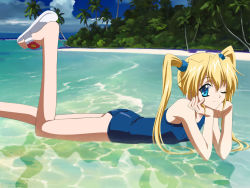 Rule 34 | 1girl, arm support, beach, blonde hair, blue eyes, head rest, da capo, da capo i, day, flat chest, forest, highres, leg up, lying, nature, ocean, on stomach, one-piece swimsuit, one eye closed, outdoors, palm tree, sandals, school swimsuit, smile, solo, submerged, swimsuit, tree, twintails, wading, wallpaper, water, wink, yoshino sakura