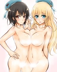 Rule 34 | 10s, 2girls, atago (kancolle), breast press, breasts, censored, convenient censoring, geckolion, holding hands, hand on own hip, hat, interlocked fingers, kantai collection, looking at viewer, midriff, military hat, multiple girls, navel, nude, steam, steam censor, stomach, symmetrical docking, takao (kancolle)