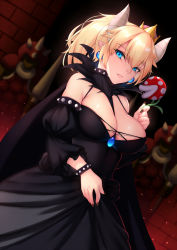 Rule 34 | 1girl, alternate costume, armlet, bad id, bad pixiv id, bare shoulders, black collar, black dress, blonde hair, blue eyes, blush, bowsette, bracelet, breasts, chest jewel, cleavage, collar, dress, high ponytail, highres, horns, jewelry, large breasts, long hair, mario (series), new super mario bros. u deluxe, nintendo, pointy ears, sharp teeth, solo, spiked armlet, spiked bracelet, spiked collar, spikes, super crown, teeth