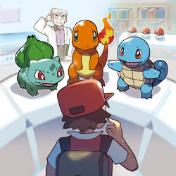 Rule 34 | 2boys, absurdres, backpack, bag, belt, belt buckle, black eyes, blonde hair, brown bag, brown hair, buckle, bulbasaur, charmander, closed mouth, commentary request, creatures (company), flame-tipped tail, game freak, gen 1 pokemon, hat, highres, indoors, lab coat, male focus, multiple boys, nintendo, official art, pants, poke ball, poke ball (basic), pokemon, pokemon (creature), pokemon rgby, red (pokemon), samuel oak, shirt, short hair, short sleeves, smile, spiked hair, squirtle, starter pokemon trio