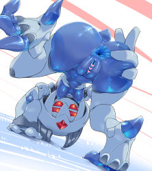 Rule 34 | 1girl, all fours, anus, ass, blue skin, breasts, censored, colored skin, fewer digits, hanging breasts, heart, heart censor, horns, humanoid robot, medium breasts, monster girl, original, pochincoff, pussy, red eyes, robot, see-through body, slit pupils, solo, spread anus, spread ass, tail, una (pochincoff), upside-down