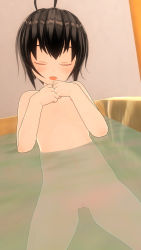 Rule 34 | 1girl, 3d, bath, bathtub, black hair, blush, bogon, breasts, closed eyes, custom maid 3d, custom maid 3d 2, fang, hands on own chest, highres, medium breasts, navel, nipples, nude, open mouth, partially submerged, short hair, sitting, smile, sweat, uncensored, wall, water