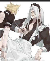 Rule 34 | 2boys, alternate costume, apron, backless dress, backless outfit, bare pectorals, bdsm, black dress, black shirt, blonde hair, blush, chinese commentary, cloud strife, commentary request, crossdressing, dress, ear blush, elbow rest, evil smile, final fantasy, final fantasy vii, green eyes, grey hair, holding, holding leash, leaning forward, leash, leash pull, light smile, long bangs, long hair, maid, maid apron, maid headdress, male focus, multiple boys, open clothes, open shirt, parted bangs, pectorals, puffy short sleeves, puffy sleeves, rainwangt, sephiroth, shirt, short hair, short sleeves, simple background, sitting, sleeve cuffs, slit pupils, smile, spiked hair, sweatdrop, toned, toned male, upper body, white apron, white background, wrist cuffs, yaoi
