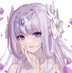 Rule 34 | 1girl, absurdres, bare shoulders, blue eyes, blue hair, blunt bangs, blurry, blurry foreground, close-up, collarbone, eyelashes, eyeshadow, flower, hair flower, hair ornament, hair rings, hand on own cheek, hand on own face, henz, highres, lips, looking at viewer, makeup, multicolored hair, open mouth, original, petals, portrait, purple flower, purple hair, sample watermark, simple background, smile, solo, streaked hair, tiara, watermark, white background, white flower
