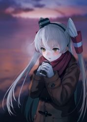 Rule 34 | 1girl, absurdres, amatsukaze (kancolle), blush, breath, buttons, can, cup, drink, eyelashes, fang, gloves, hair between eyes, hair ornament, hair tubes, hara shoutarou, hat, highres, holding, holding cup, jacket, kantai collection, long hair, long sleeves, mini hat, open mouth, orange eyes, outdoors, red scarf, scarf, silver hair, skin fang, smokestack, solo, two side up, upper body, white gloves