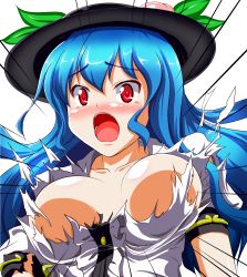 Rule 34 | 1girl, absurdres, alternate breast size, blue hair, blush, breasts, bursting breasts, collarbone, female focus, food, fruit, hat, highres, hinanawi tenshi, honda takaharu, leaf, long hair, open mouth, peach, red eyes, short sleeves, simple background, solo, tears, torn clothes, touhou, very long hair