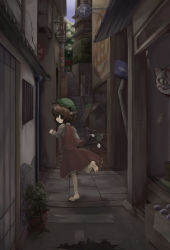 Rule 34 | 1girl, alley, animal ears, barefoot, brown eyes, brown hair, building, cat ears, cat mask, cat tail, chalk, chen, fox mask, gap (touhou), hat, hidarikata, looking at viewer, looking back, mask, mob cap, multiple tails, nekomata, ofuda, plant, potted plant, road sign, running, shirt, sign, skirt, skirt set, solo, stairs, stick figure, tail, torii, touhou, town, vest, when you see it, wind chime