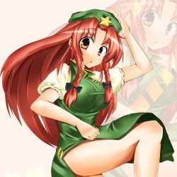 Rule 34 | 1girl, braid, breasts, dress, female focus, hair ribbon, hat, highres, hong meiling, immaterial and missing power, legs, long hair, red hair, ribbon, solo, surikogi, touhou, twin braids, zoom layer