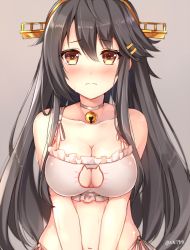 Rule 34 | 10s, 1girl, bad id, bad nicoseiga id, bell, black hair, blush, breasts, brown eyes, cat cutout, cat lingerie, cleavage, cleavage cutout, clothing cutout, collar, collarbone, hair between eyes, hair ornament, hairband, hairclip, haruna (kancolle), jingle bell, kantai collection, large breasts, long hair, meme attire, navel, panties, rin yuu, side-tie panties, simple background, solo, underwear, underwear only, upper body