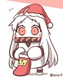 Rule 34 | 10s, 1girl, abyssal ship, ahoge, blush stickers, chibi, christmas, christmas stocking, colored skin, covered mouth, dress, flying sweatdrops, hat, kantai collection, looking at viewer, mittens, northern ocean princess, red eyes, rexlent, santa hat, solo, twitter username, white dress, white hair, white mittens, white skin