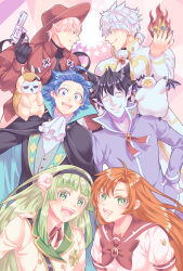 2girls 6+boys :d ahoge animal animal_on_shoulder ascot asmodeus_alice asmodeus_alice_(cosplay) babyls_school_uniform black_cape black_gloves black_hair black_hairband blue_cape blue_eyes blue_hair bow cape cosplay costume_switch curled_horns draluc_(kyuuketsuki_sugu_shinu) draluc_(kyuuketsuki_sugu_shinu)_(cosplay) eye_contact fire gloves green_hair gun hairband hand_on_own_hip hat highres hinaichi_(kyuuketsuki_sugu_shinu) hinaichi_(kyuuketsuki_sugu_shinu)_(cosplay) holding holding_gun holding_weapon horns john_(kyuuketsuki_sugu_shinu) john_(kyuuketsuki_sugu_shinu)_(cosplay) ksnfu kyuuketsuki_sugu_shinu looking_at_another looking_at_viewer mairimashita!_iruma-kun multiple_boys multiple_girls naberius_kalego naberius_kalego_(cosplay) open_mouth orange_hair pale_skin pink_hair pointy_ears red_bow red_eyes red_hat ronaldo_(kyuuketsuki_sugu_shinu) ronaldo_(kyuuketsuki_sugu_shinu)_(cosplay) school_uniform sharp_teeth smile suzuki_iruma suzuki_iruma_(cosplay) teeth valac_clara valac_clara_(cosplay) weapon white_ascot white_hair