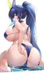 Rule 34 | 1girl, absurdres, ass, azur lane, bare shoulders, barefoot, bikini, blue bikini, blue eyes, blue hair, blush, breasts, feet, food in mouth, from behind, g3 (bitgiii), highres, large breasts, long hair, looking at viewer, looking back, nail polish, new jersey (azur lane), new jersey (midsummer leisure) (azur lane), official alternate costume, ponytail, popsicle, popsicle in mouth, soles, solo, swimsuit, thighs, toes, underboob, white background, yellow nails