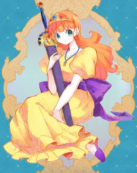 Rule 34 | 1girl, blue eyes, closed mouth, dragon quest, dragon quest i, dress, earrings, elbow gloves, full body, gloves, highres, holding, holding sword, holding weapon, jewelry, long dress, long hair, looking at viewer, necklace, orange hair, princess laura, puffy short sleeves, puffy sleeves, purple footwear, purple ribbon, ribbon, short sleeves, smile, solo, sword, tiara, weapon, white gloves, yellow dress, yuza