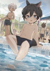 Rule 34 | 1girl, 3boys, absurdres, bare legs, bare shoulders, barefoot, black hair, blue eyes, blue sky, child, cloud, cloudy sky, commentary request, dark-skinned male, dark skin, day, grey male swimwear, grey swim trunks, hair between eyes, highres, holding, hose, kemonomimi mode, looking at viewer, male focus, male swimwear, mountainous horizon, multiple boys, navel, nipples, omurice (roza4957), original, outdoors, pool, poolside, short hair, sitting, sky, swim trunks, swimsuit, tail, tongue, upshorts, water