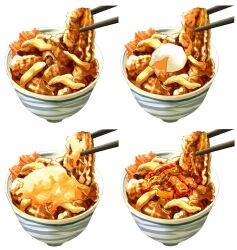 Rule 34 | bowl, chopsticks, food, food focus, gyuudon, highres, multiple views, no humans, noodles, oikawa 2301, original, simple background, still life, white background