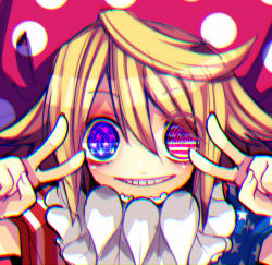 Rule 34 | 1girl, @ @, american flag dress, blonde hair, chromatic aberration, clownpiece, double v, fua yuu, grin, hat, heterochromia, jester, jester cap, long hair, looking at viewer, shirt, short sleeves, smile, solo, star (symbol), striped, touhou, upper body, v